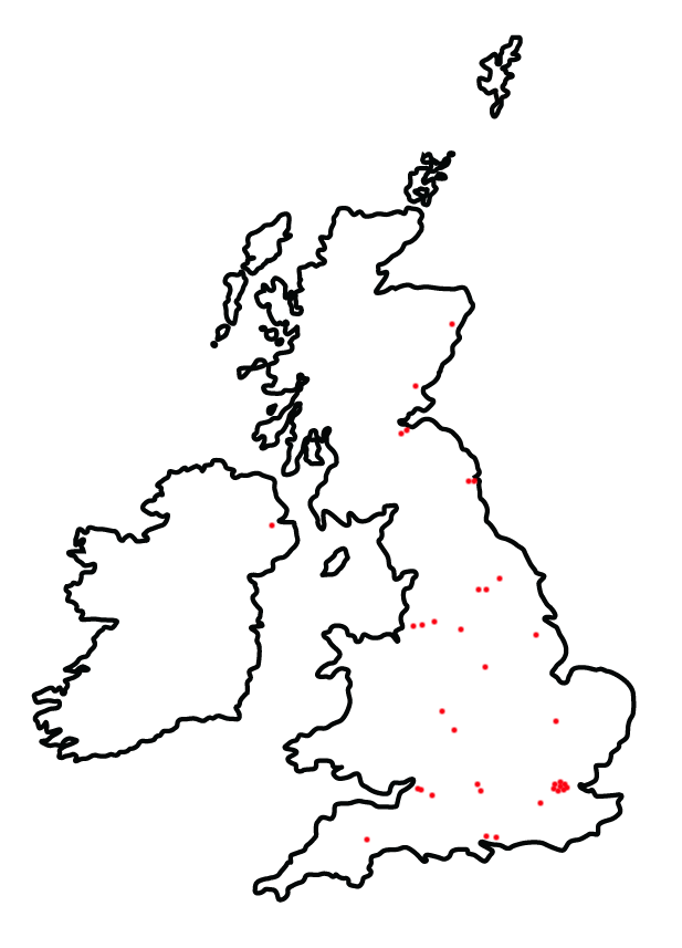 uk map showing locations of community that use hpc